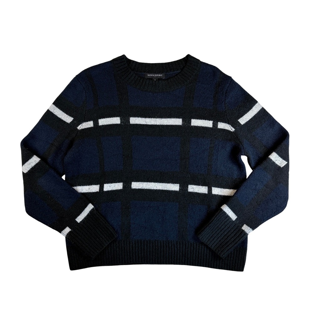 Banana Republic Plaid Sweater Women Medium Navy Blue Crew Neck Long Sleeve